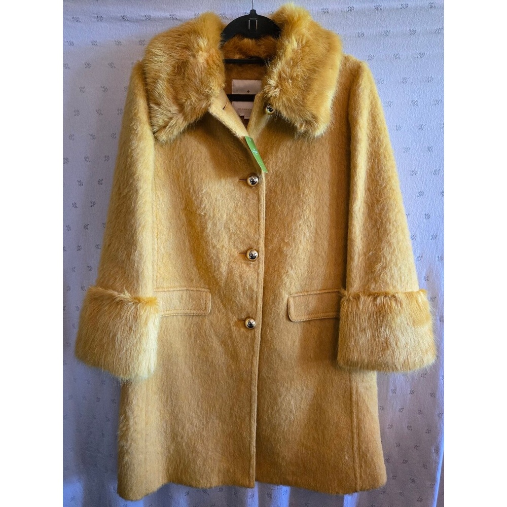 NWT kate spade Fluffy Wool Faux Fur Trim Coat Glitzy Ritzy Maize Yellow Size 10